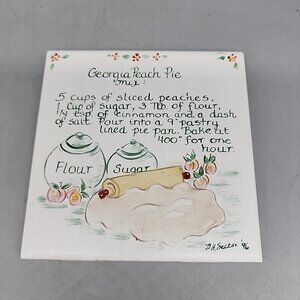Vintage Georgia Peach Pie Recipe Painting On A Trivet Ceramic Tile Colorful 6.5"